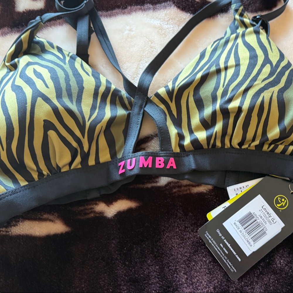 Zumba Fitness Green Zebra Print Sports Bra with Black Trim NWT L